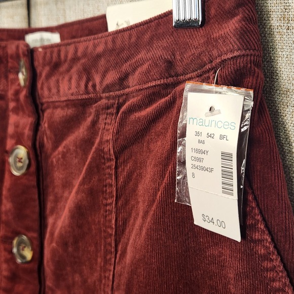 Maurices Corduroy Button Front Skirt Womens 8 Maroon A-Line Pockets Short Length - Picture 3 of 7